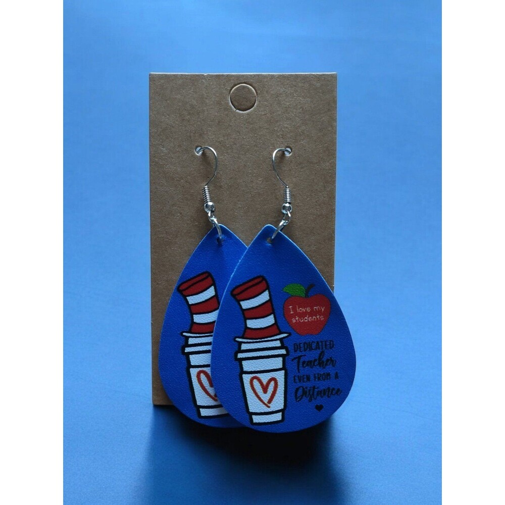 Cat In The Hat "I Love My Students" Dedicated Teacher Teardrop Dangle Earrings